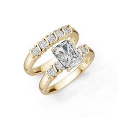 2 Piece Set 14K Gold CVD Diamond Ring Emerald OCT 7x5mm 5 Stones