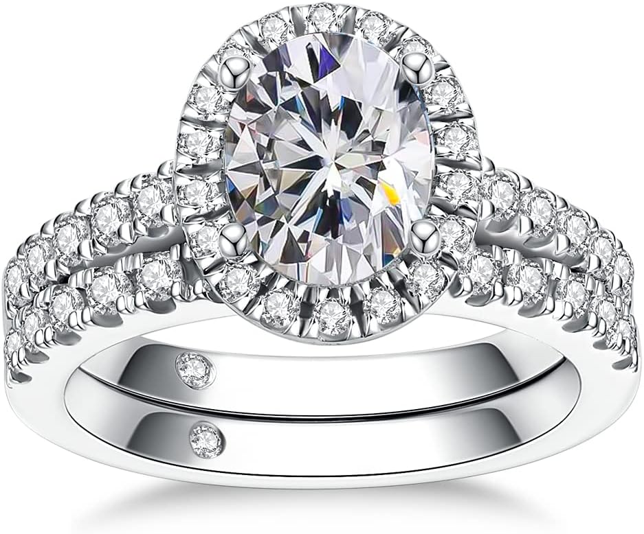 2 Pc Oval Moissanite Engagement Ring Set, D Color 2 Ct, 925 Silver