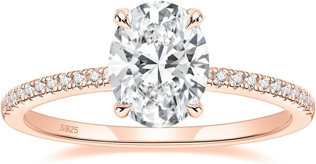 3CT Sterling Silver Engagement Rings Oval Moissanite Wedding Promise Side Stone Rings rose gold