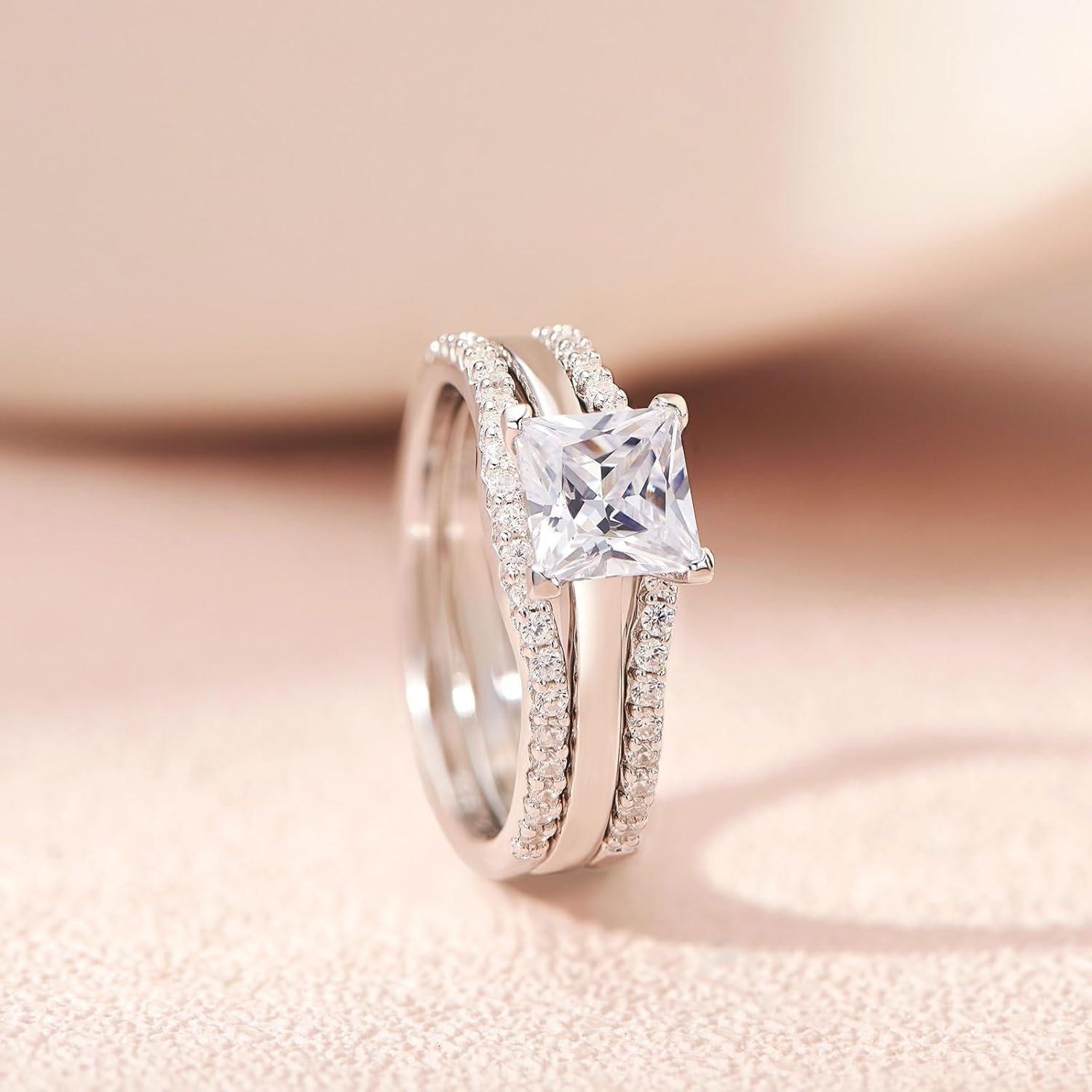 3 PC Princess Cut Sterling Silver Solitaire Moissanite Bridal Sets