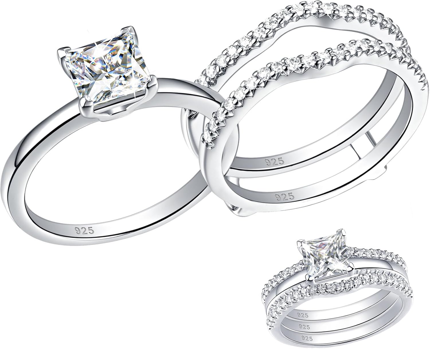 3 PC Princess Cut Sterling Silver Solitaire Moissanite Bridal Sets