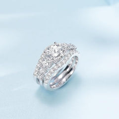 3 PC Round Brilliant Cut Moissanite 7-Stone Three-Row 925 Sterling Silver Bridal Wedding & Engagement Ring Set for Women