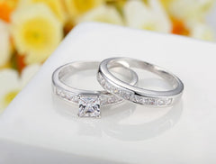 2 PC Princess Cut Clear Moissanite Sterling Silver Bridal Wedding & Engagement Ring Set for Women