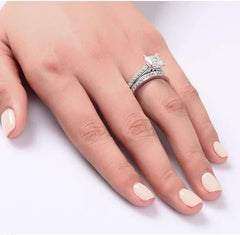 2 PC Princess Cut Moissanite Sterling Silver Bridal Wedding & Engagement Ring Set for Women