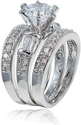 3 PC Round Cut Moissanite Sterling Silver Bridal Engagement Ring Set for Women