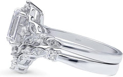 2 PC Emerald Step Cut Moissanite Sterling Silver Halo Wishbone Bridal Wedding & Engagement Ring Set for Women