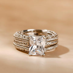 2 PC Cut Moissanite Sterling Silver Wedding Ring Set with Side Stones for Women