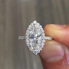 3PC Marquise Cut Moissanite Halo Sterling Silver Bridal Wedding Ring Set with Engagement & Wedding Bands for Women