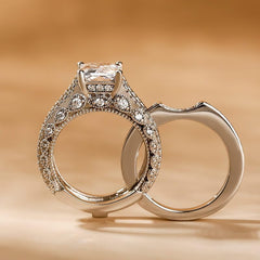 2 PC Cut Moissanite Sterling Silver Wedding Ring Set with Side Stones for Women