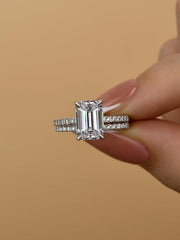 2 PC Emerald Cut Moissanite Sterling Silver Bridal Wedding & Engagement Ring Set for Women