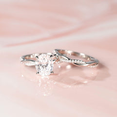 2 PC Oval Cut Moissanite Sterling Silver Twisting Infinity Pave Bridal Engagement Ring & Wedding Band Set for Women