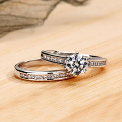 Round Cut Simulated Moissanite Sterling Silver Wedding Ring Set for Women