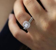 2 PC Inlaid Cushion Cut Halo Bridal Ring Set Sterling Silver Bridal Wedding & Engagement Ring Set for Women