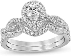 2 PC Pear Brilliance Cut Moissanite Sterling Silver Halo Twist Bridal Wedding & Engagement Ring Set for Women