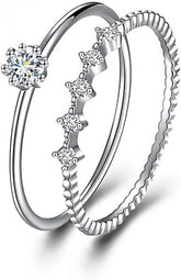 2 PCS Dainty Moissanite Sterling Silver Stackable Bridal Engagement & Eternity Band Ring Set for Women