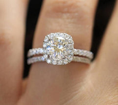 2 PC Inlaid Cushion Cut Halo Bridal Ring Set Sterling Silver Bridal Wedding & Engagement Ring Set for Women