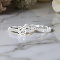 2 PC Round Brilliant Cut CVD Diamond Stackable Solitaire Eternity Bridal Wedding & Engagement Ring Set for Women