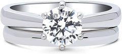 2 PC Sterling Silver Solitaire Wedding Engagement Promise Rings for Her Stackable Band Ring Set for Women Round Moissanite