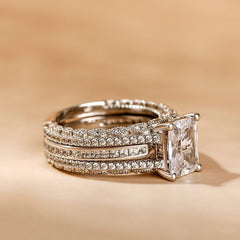 2 PC Cut Moissanite Sterling Silver Wedding Ring Set with Side Stones for Women