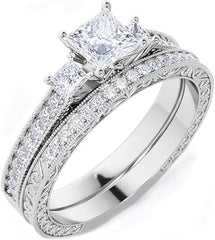 Princess Cut White Moissanite Sterling Silver Bridal Wedding & Engagement Ring Set for Women