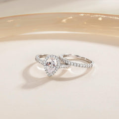 2 PC Pear (Teardrop) Cut Moissanite Sterling Silver Halo Bridal Engagement Ring & Wedding Band Set for Women