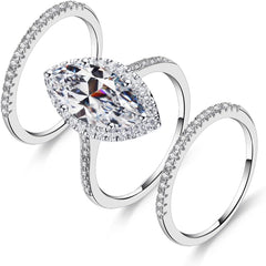 3PC Marquise Cut Moissanite Halo Sterling Silver Bridal Wedding Ring Set with Engagement & Wedding Bands for Women