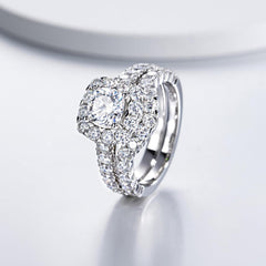 2 PC Cushion Cut Halo Moissanite Sterling Silver Bridal Wedding & Engagement Ring Set for Women