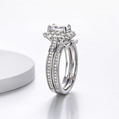 2 PC Emerald Cut Halo Moissanite Sterling Silver Bridal Wedding & Engagement Ring Set for Women