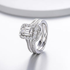 2 PC Emerald Cut Halo Moissanite Sterling Silver Bridal Wedding & Engagement Ring Set for Women