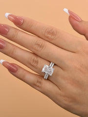2 PC Radiant Cut Rectangle Crushed Ice Moissanite Sterling Silver Bridal Engagement & Half Eternity Wedding Band Set