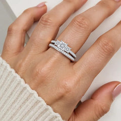 2 PC Princess Cut 3-Stone CVD Diamond 14K Gold Bridal Wedding & Engagement Ring Set for W