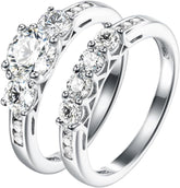 2PC Round Cut Moissanite 3-Stone Sterling Silver Engagement Ring Set for Women