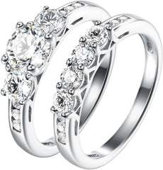 2PC Round Cut Moissanite 3-Stone Sterling Silver Engagement Ring Set for Women