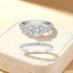 2 PC Princess Cut 3-Stone Moissanite Bridal Wedding & Engagement Ring Set for Women