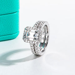 2PC 3CT Sterling Silver Emerald Cut Moissanite Bridal Sets