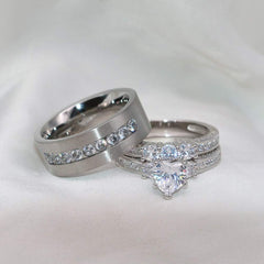 Heart Cut Moissanite His & Hers Wedding Ring Sets Women’s 925 Sterling Silver Bridal Rings with Men’s Titanium Band