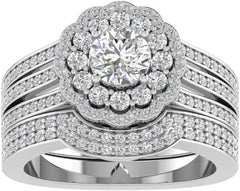 3 PC Floral Design Moissanite Sterling Silver Duo Bridal Ring Set Engagement Ring & Wedding Band