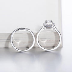 2 PC Emerald Cut Halo Moissanite Sterling Silver Bridal Wedding & Engagement Ring Set for Women