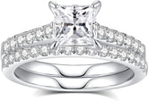 2 PC Princess Cut Moissanite Sterling Silver Wedding Bridal Engagement Ring Set for Women