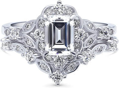 2 PC Emerald Step Cut Moissanite Sterling Silver Halo Wishbone Bridal Wedding & Engagement Ring Set for Women