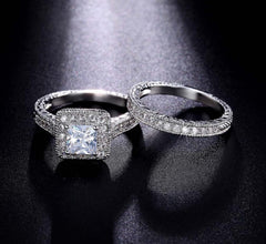2 PC Princess Cut Moissanite Sterling Silver Stackable Bridal Wedding & Engagement Ring Set