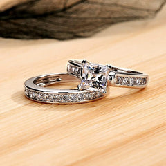 2 PC Princess Cut Moissanite Sterling Silver Bridal Wedding & Engagement Ring Set for Women