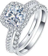 2 PC Inlaid Cushion Cut Halo Bridal Ring Set Sterling Silver Bridal Wedding & Engagement Ring Set for Women