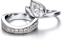 2 PC Pear Cut Crushed Ice CVD Diamond 18K Gold Engagement & Wedding Guard Wrap E