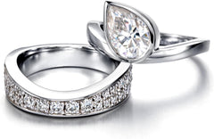 2 PC Pear Cut Crushed Ice Moissanite Sterling Silver Engagement & Wedding Guard Wrap Enhancer Ring Set