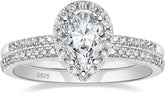 2 PC Pear (Teardrop) Cut Moissanite Sterling Silver Halo Bridal Engagement Ring & Wedding Band Set for Women