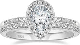 2 PC Pear (Teardrop) Cut CVD Diamond Sterling Silver Halo Bridal Engagement Ring Wedding Band Set for Women