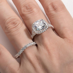 2 PC Cushion Cut Moissanite Split Shank Sterling Silver Bridal Wedding & Engagement Ring Set for Women