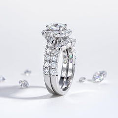 2 PC Cushion Cut Halo Moissanite Sterling Silver Bridal Wedding & Engagement Ring Set for Women