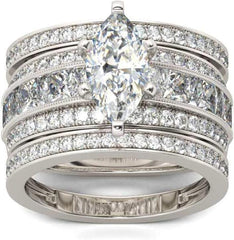 3PC Marquise Cut CVD Diamond Sterling Silver Wedding Ring Set – Solitaire Engagement, Bridal & Promise Rings for Women